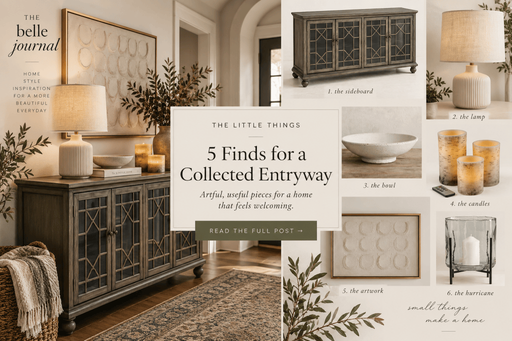 Warm collected entryway with a traditional sideboard, table lamp, neutral artwork, decorative bowl, candles, and glass hurricane.